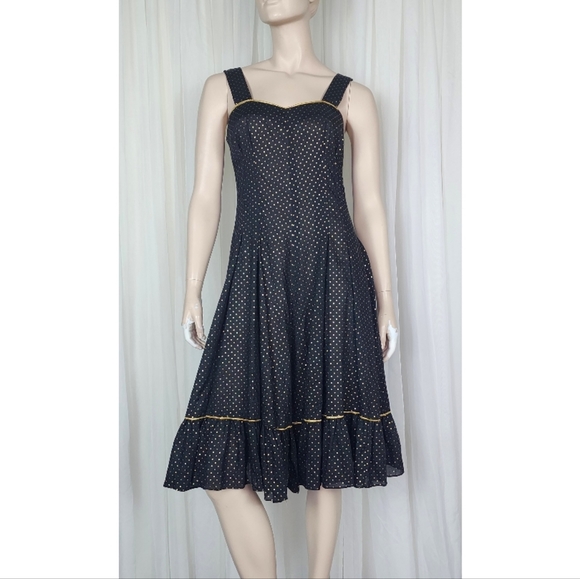 Vintage 70s Julie Miller black gold polka-dot prairie circle skirt sundress M - Picture 3 of 8